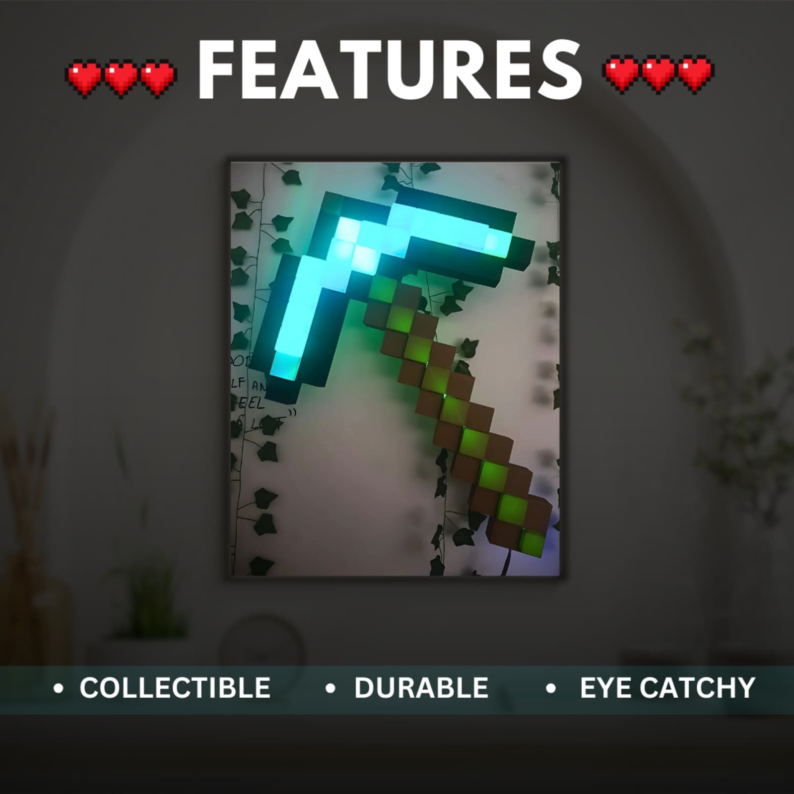 Minecraft Inspired Pickaxe Lamp – 3D Printed Pixel LED Light